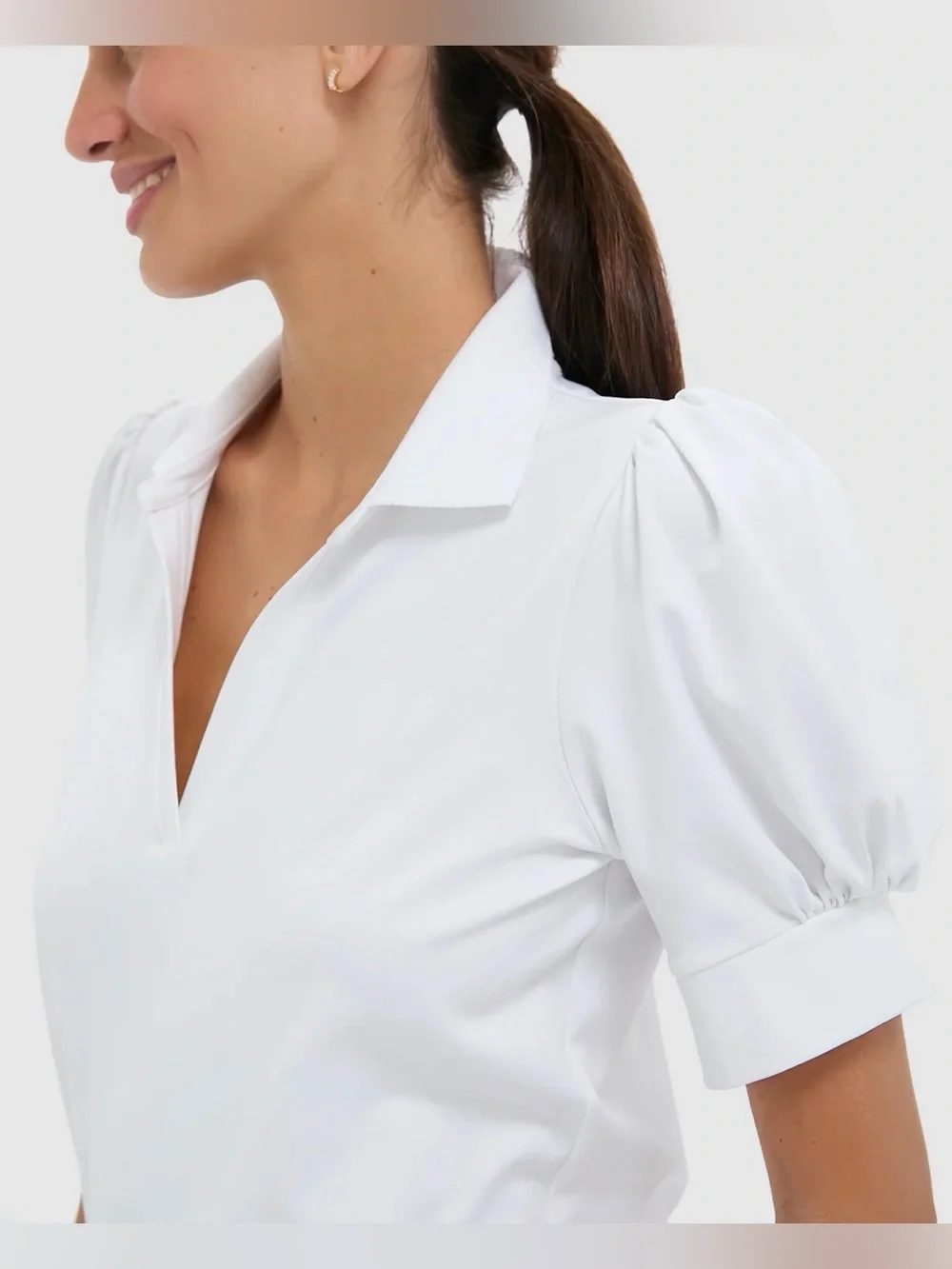 Tuckernuck Tuck Sport White Puff-Sleeve Polo Blouse Small